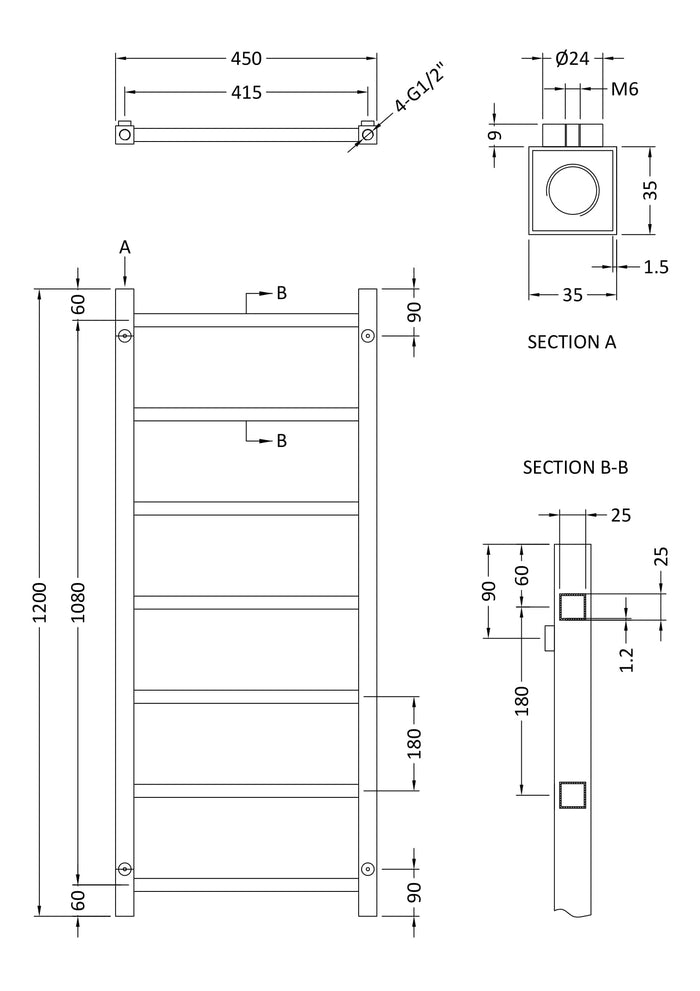 [BHSL375] Contemporary Wall Mounted Heated Towel Rail with Square Rails, Choice of Size - Line Drawing