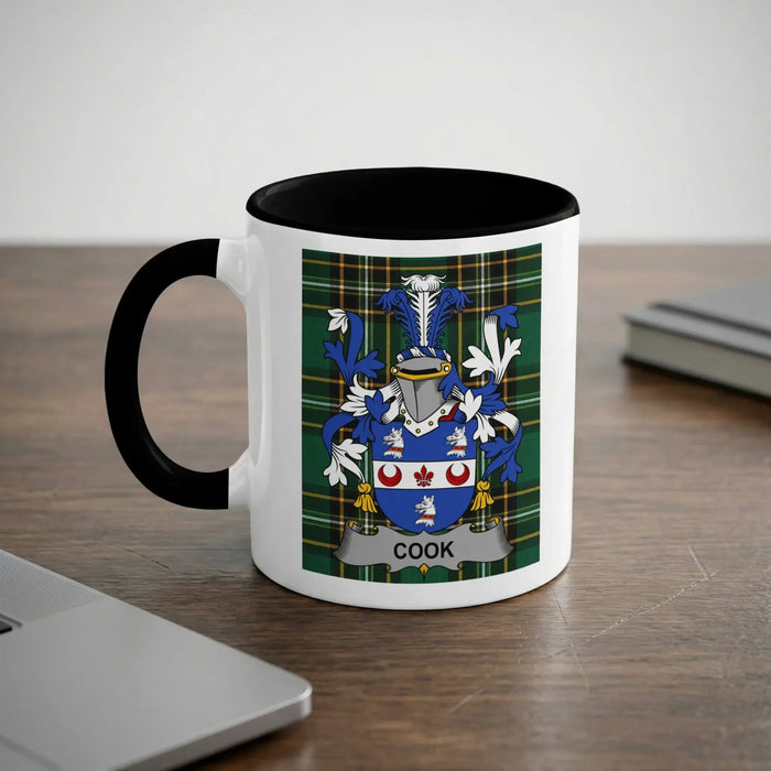 Cook 11oz ceramic mug with black rim and surname emblem on Irish tartan.