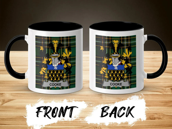 Cooke family crest accent mug shown from front and back with black interior.