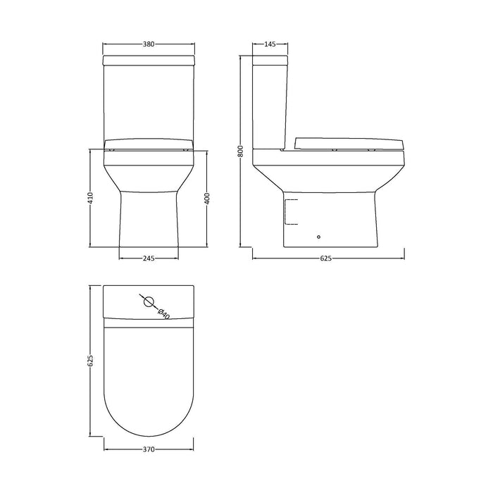 [BCVI003] Copmere Modern White Semi-Flush to Wall Bathroom Toilet Pan & Cistern - 380mm - Technical Drawing