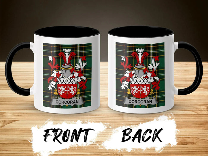 Corcoran family crest accent mug shown from front and back with black interior.