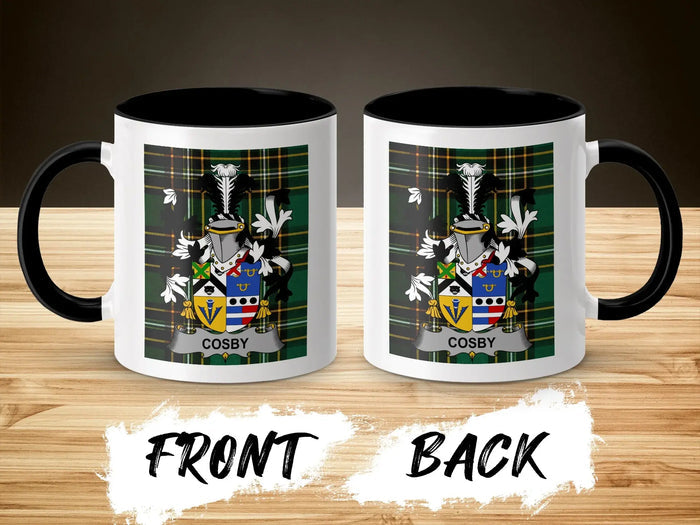 Two mugs with the Cosby coat of arms, front and back view.
