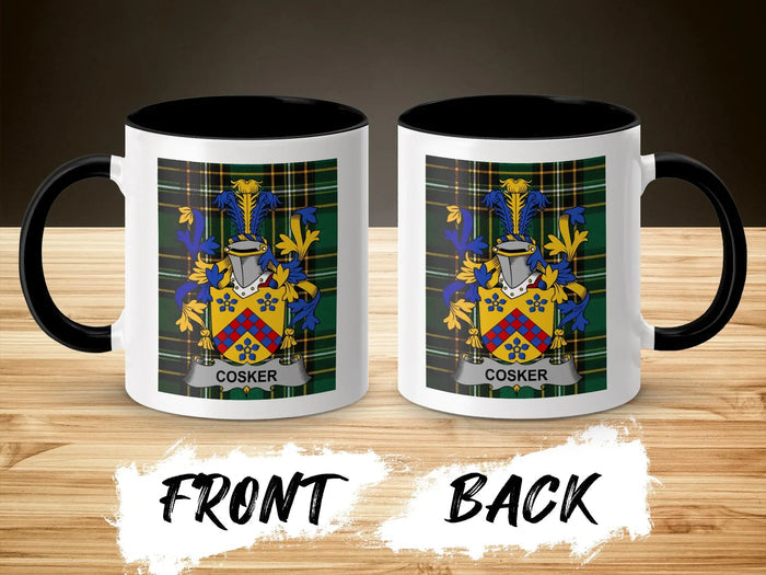 Mug with the "Cosker" family crest on front and back, with black handle and interior.