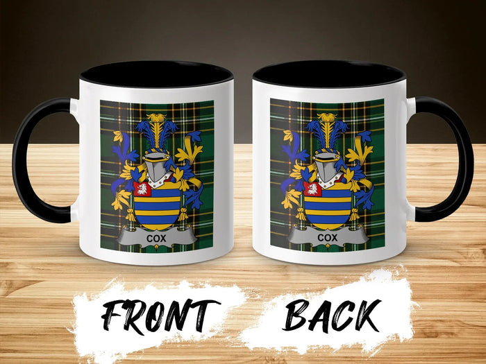 Cox family crest accent mug shown from front and back with black interior.