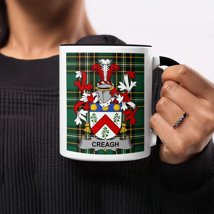 Creagh family crest mug design on an Irish National Tartan background