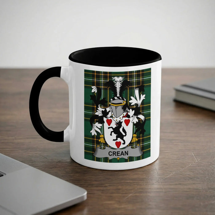Crean white ceramic surname mug with a black handle and interior