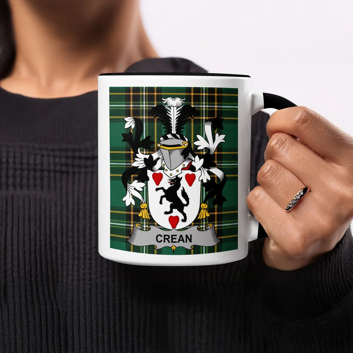 Crean family crest mug design on an Irish National Tartan background