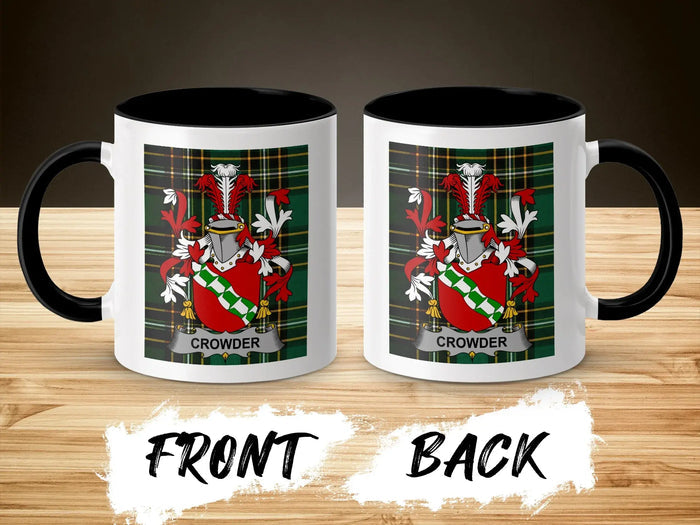 Two mugs, front and back views, displaying the Crowder coat of arms on a tartan background.