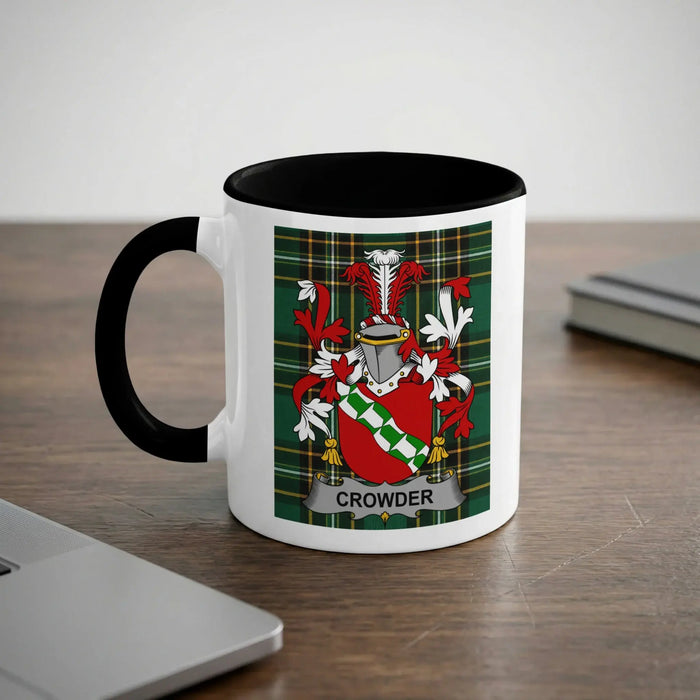 White mug with black handle featuring a green and red plaid crest with "Crowder" banner.