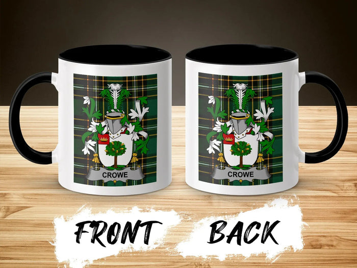 White mug with black handle featuring a green plaid pattern and a coat of arms with the name Crowe.