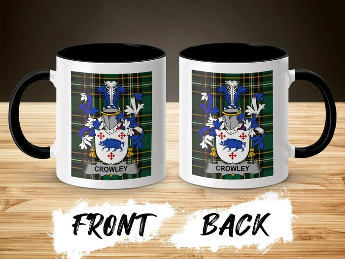 Two Crowley family crest mugs with the Irish National Tartan design