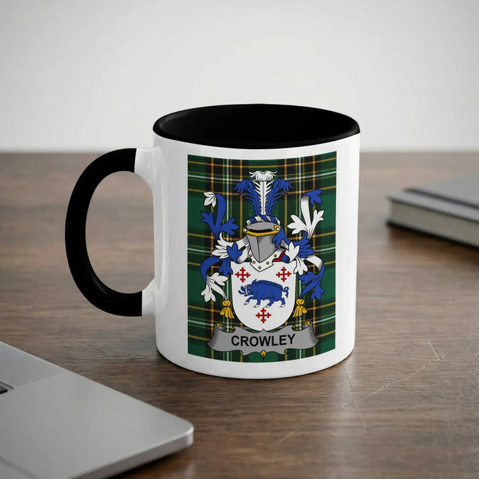 Crowley family crest on a white mug with a black handle