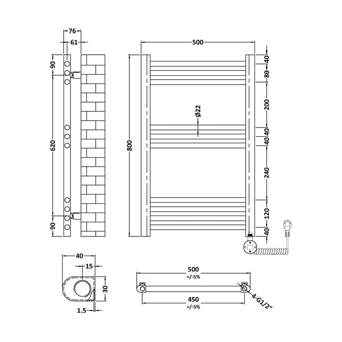 [BHER159] Croxall Electric Round Tube Heated Towel Rail with 10 Bars, 800 x 500mm - Choice of Colour - Technical Drawing