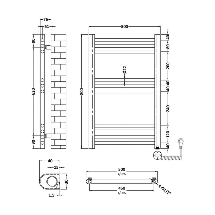 [BHER359] Croxall Electric Round Tube Heated Towel Rail with 10 Bars, 800 x 500mm - Choice of Colour - Technical Drawing