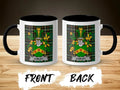 Two mugs with green and yellow crests on plaid background, "CURLEY" text.