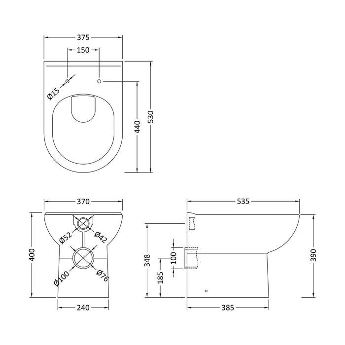 [BCBW005P] D-Shape Back To Wall Toilet Pan   - 400mm x 375mm x 535mm - Technical Drawing