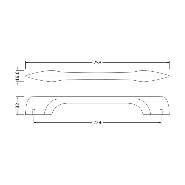 [BFHH206] D Shape Furniture Handle, 253mm (224mm Centres), Choice of Finish - Technical Drawing
