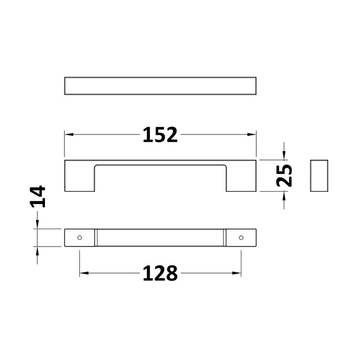 [BFHH181] D Shape Square Handle, 152mm (128mm Centres), Choice of Finish - Technical Drawing