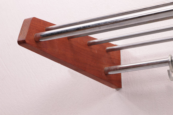 Deens Design Teakhouten Wand kapstok met chrome haken,60s.