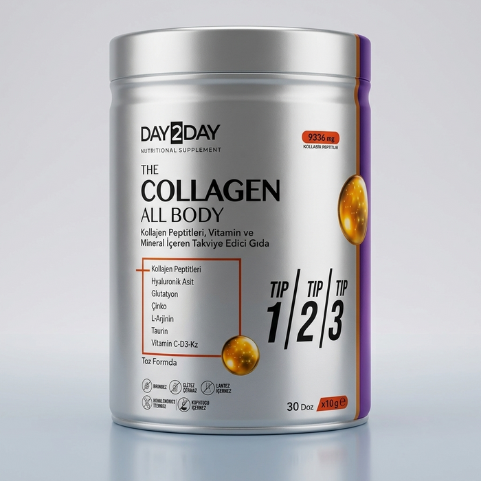 Day2Day The Collagen All Body - Hydrolyzed Multi-Type Collagen Peptides with HA & Vitamins - Halal Bovine Sourced - 300g