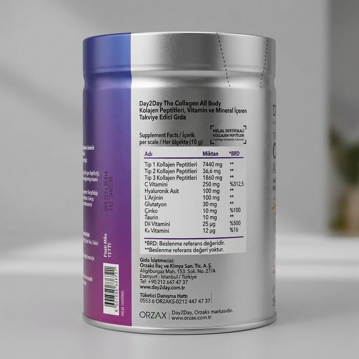 Day2Day The Collagen All Body - Hydrolyzed Multi-Type Collagen Peptides with HA & Vitamins - Halal Bovine Sourced - 300g