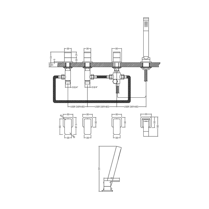 [BTEM334] Deck Mount Square 4 Tap Hole Bath Shower Mixer Tap with Kit Chrome - Technical Drawing