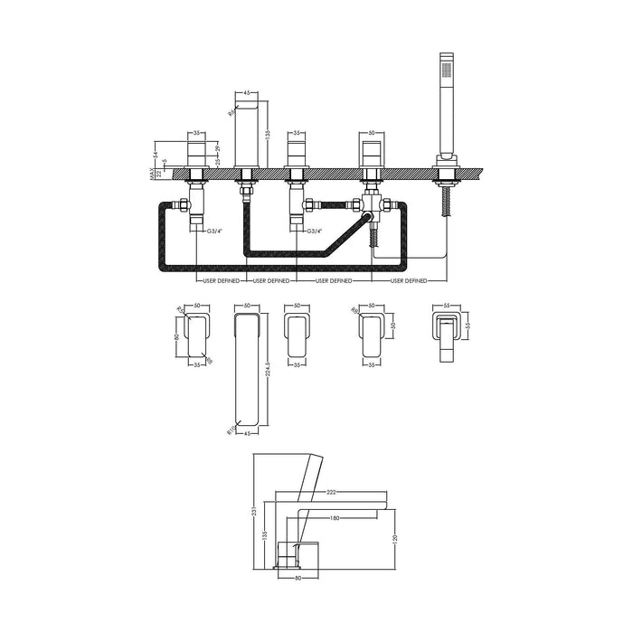 [BTEM314] Deck Mount Square 5 Tap Hole Bath Shower Mixer Tap with Shower Kit - Chrome - Technical Drawing