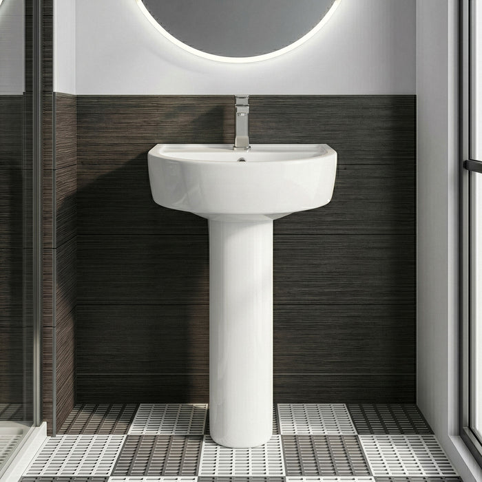 [BCPR001] Dilhorne D Shaped 1 Tap Hole Ceramic Basin and Pedestal - 520mm or 420mm - Choice of Semi or Full Pedestal - Silo