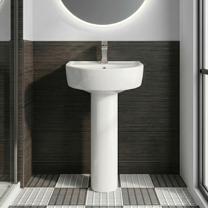 [BCPR002] Dilhorne D Shaped 1 Tap Hole Ceramic Basin and Pedestal - 520mm or 420mm - Choice of Semi or Full Pedestal - Silo