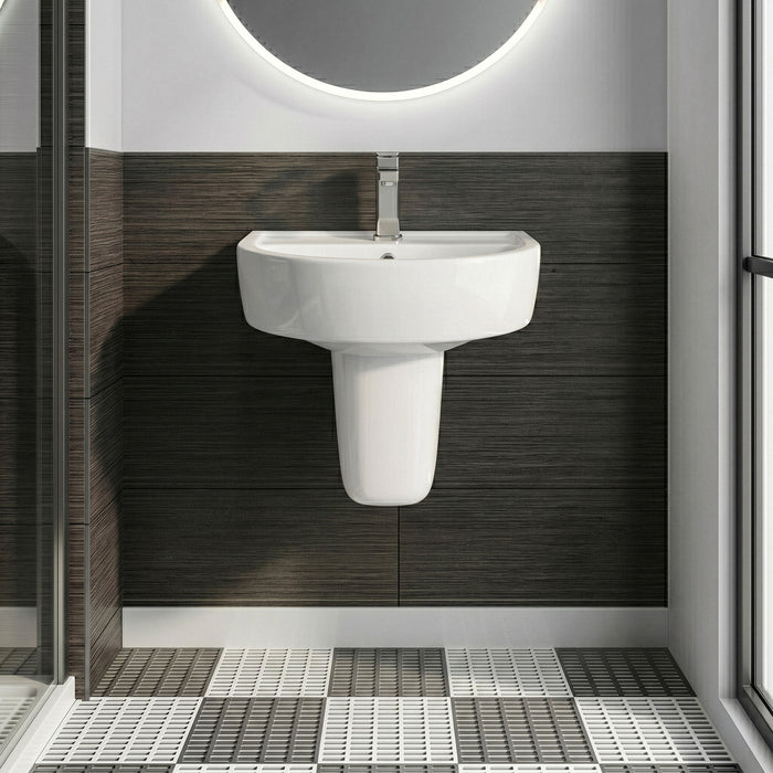 [BCPR003] Dilhorne D Shaped 1 Tap Hole Ceramic Basin and Pedestal - 520mm or 420mm - Choice of Semi or Full Pedestal - Silo