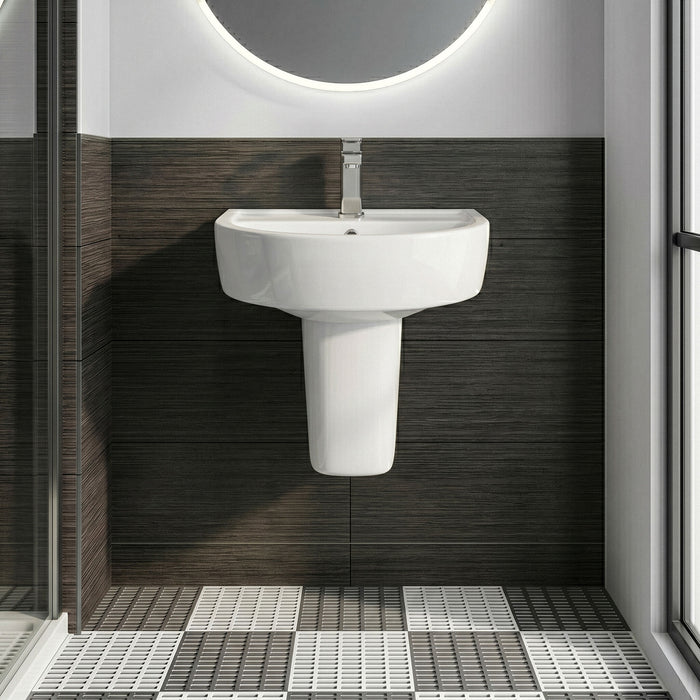 [BCPR004] Dilhorne D Shaped 1 Tap Hole Ceramic Basin and Pedestal - 520mm or 420mm - Choice of Semi or Full Pedestal - Silo