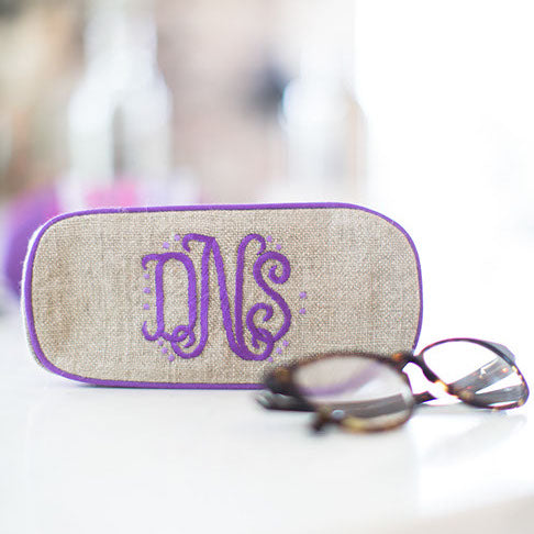 Eyeglass case, in linen or plastic-coated cotton, custom monogram, 6.75 in. long by 3 in. wide