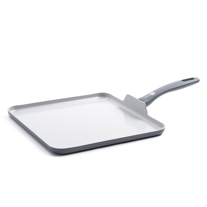 Square aluminum griddle pan with ceramic nonstick coating and long handle, displayed on a white background.