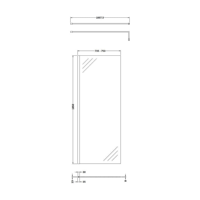 [BEWS18760] Drakelow 8mm Toughened Safety Glass Wetroom Screen with Support Bar, Choice of Size & Finish - Technical Drawing