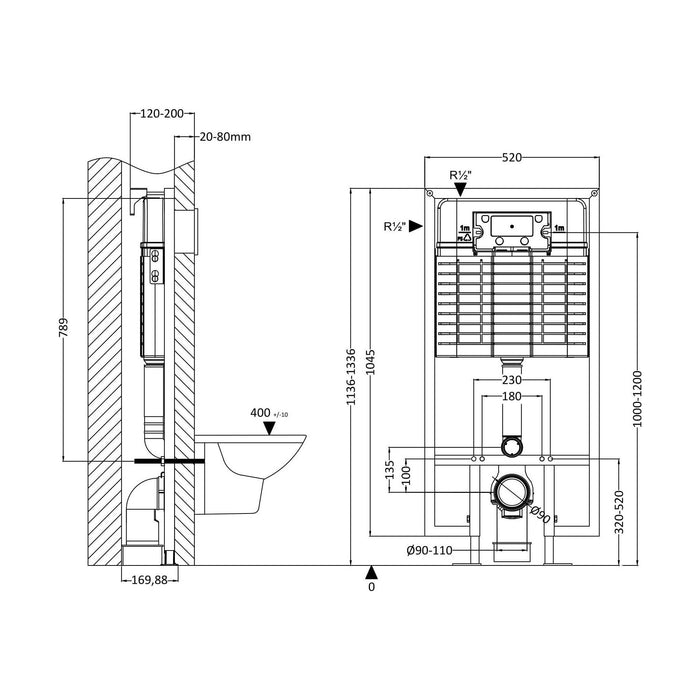 [BAXT009] Dual Flush Concealed Cistern With Frame - Technical Drawing