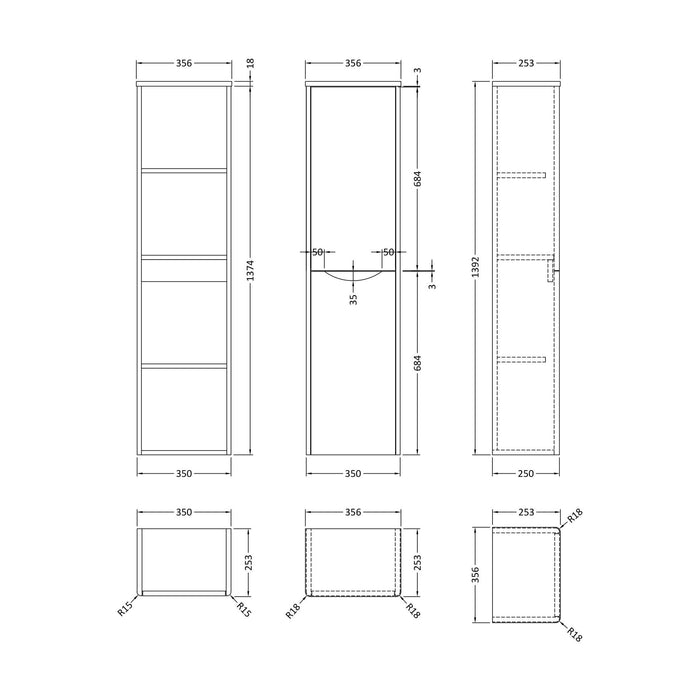 [BFAC1462] Dunwood Wall Hung 2 Door Tall Unit, 356mm, Choice of Colour - Technical Drawing