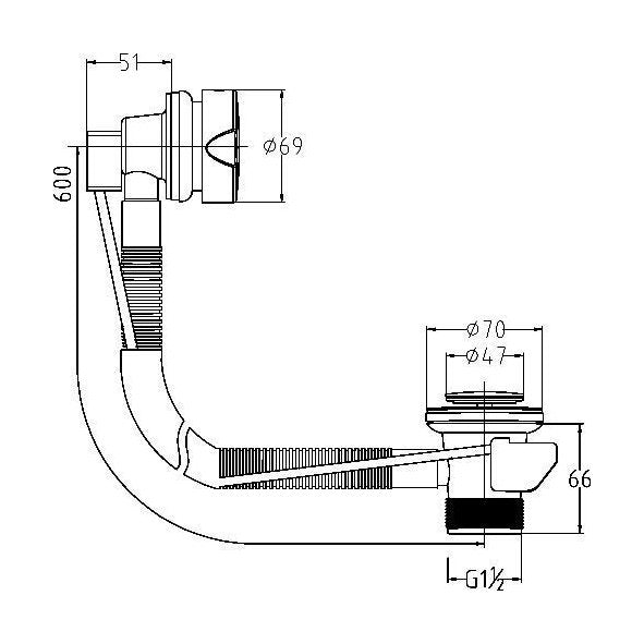 [BASB318] Economy Pop Up Bath Waste & Overflow for Baths up to 10mm Thick - Chrome - Technical Drawing