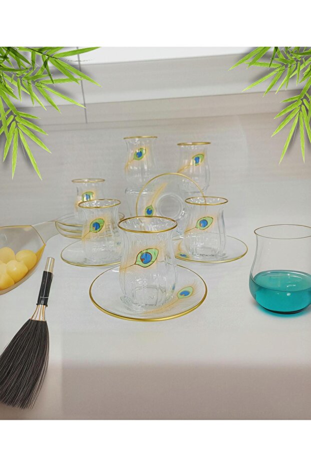 Elegant Clear Glass Tea Set - Gold-Rimmed Peacock Feather Design