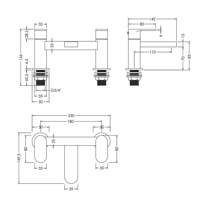 [BTCU303] Enville Dual Lever Round Deck Mounted Bath Filler Tap – Choice of Finish - Technical Drawing