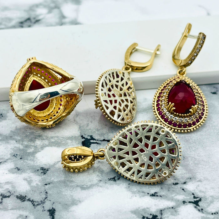Exquisite Ruby Ottoman Silver Jewelry Set | Handmade Turkish Necklace, Ring & Earrings | Fine 925 Sterling Silver