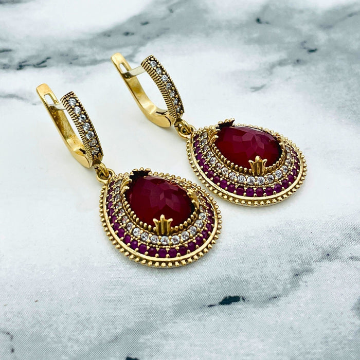Exquisite Ruby Ottoman Silver Jewelry Set | Handmade Turkish Necklace, Ring & Earrings | Fine 925 Sterling Silver