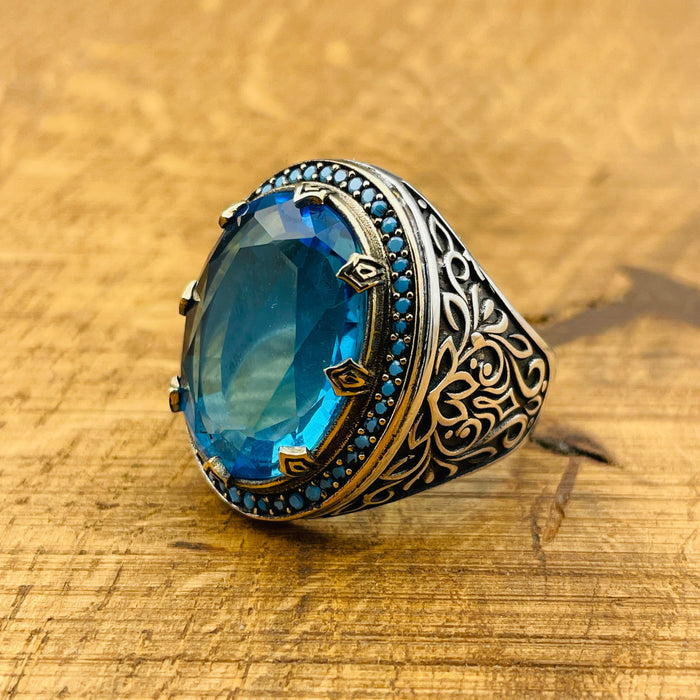 Exquisite Turkish Handmade Men's 925 Sterling Silver Aquamarine Ring - Oval Blue Gemstone Gift for Him