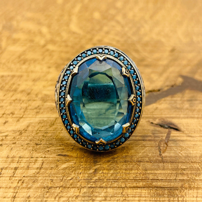 Exquisite Turkish Handmade Men's 925 Sterling Silver Aquamarine Ring - Oval Blue Gemstone Gift for Him