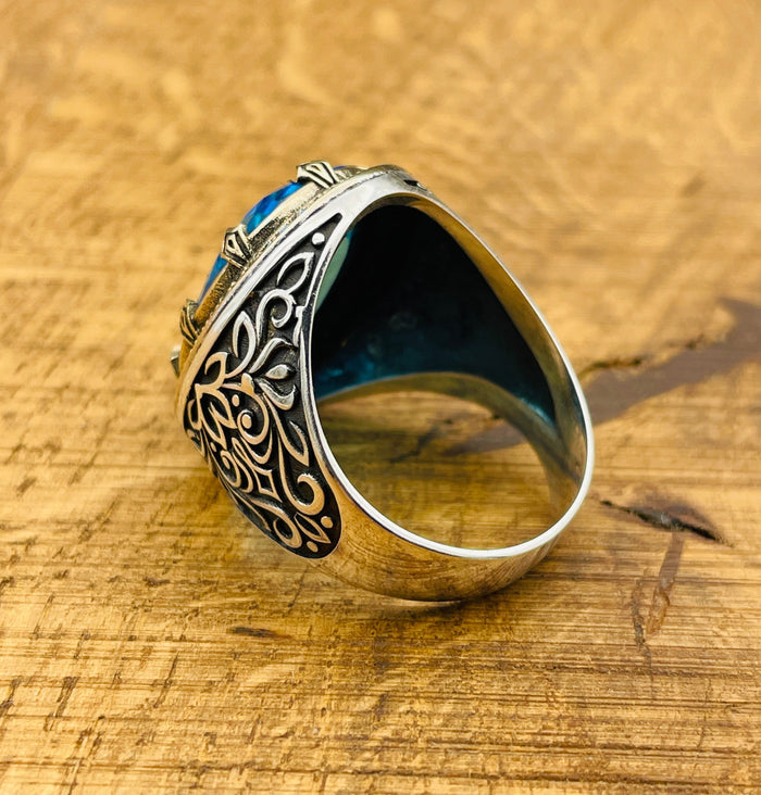 Exquisite Turkish Handmade Men's 925 Sterling Silver Aquamarine Ring - Oval Blue Gemstone Gift for Him