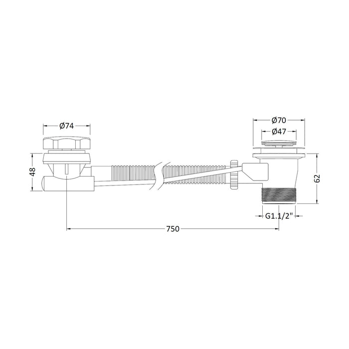 [BASB333] Extended Pop Up Bath Waste & Overflow for Baths up to 10mm Thick - Chrome - Technical Drawing