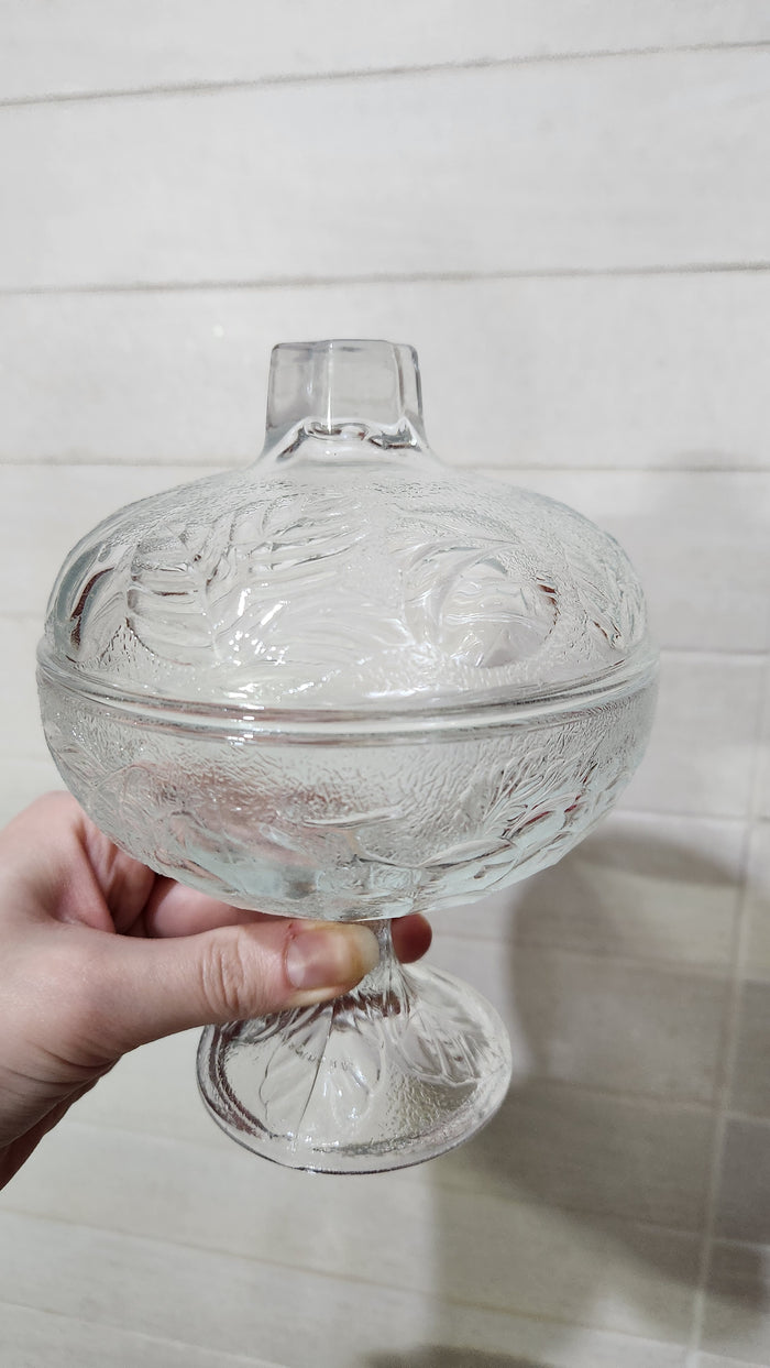 Fidenza Vetraria Italy "Rio" Pattern Pedestal Glass Candy Dish with Lid