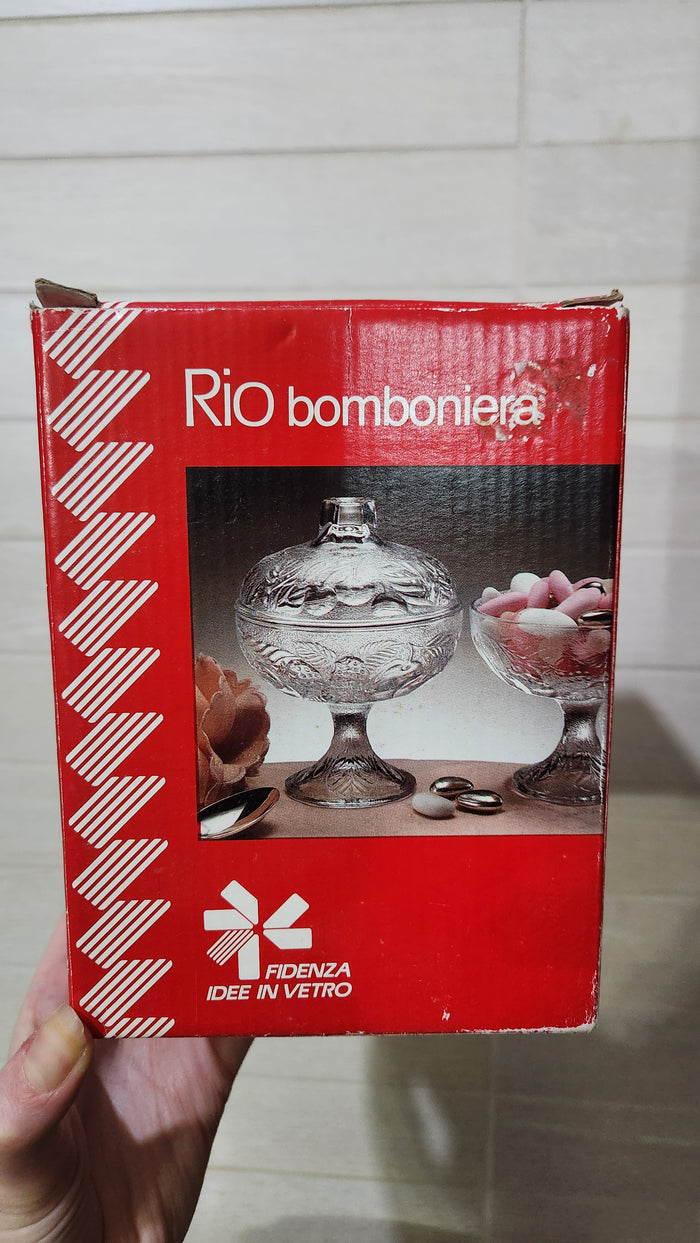 Fidenza Vetraria Italy "Rio" Pattern Pedestal Glass Candy Dish with Lid