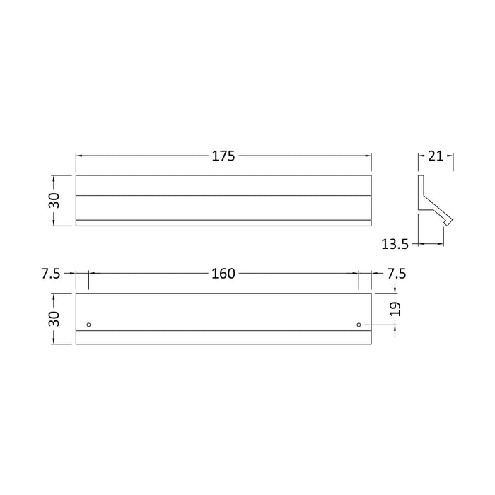 [BFHH107] Finger Pull Furniture Handle, 175mm (160mm Centres), Choice of Finish - Technical Drawing