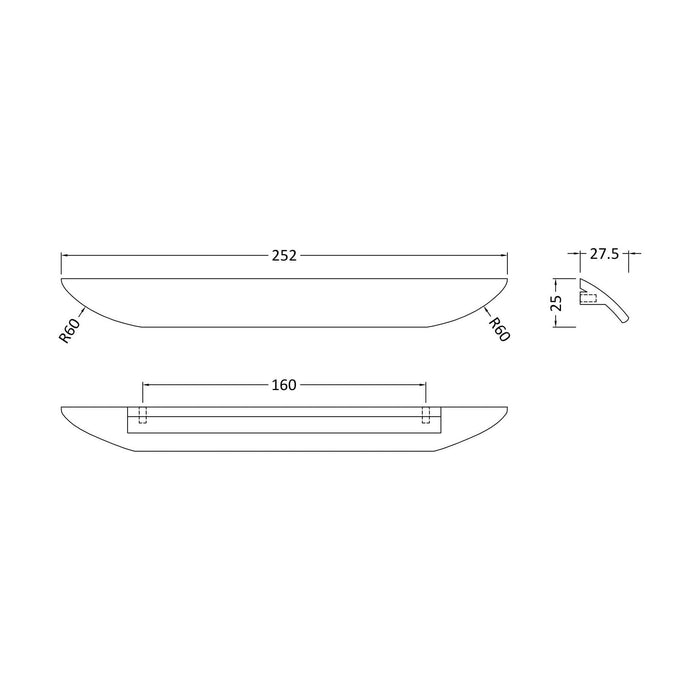[BFHH209] Finger Pull Furniture Handle, 252mm (160mm Centres), Choice of Finish - Technical Drawing