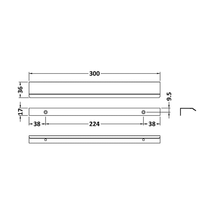[BFHH225] Finger Pull Furniture Handle, 300mm (224mm Centres), Choice of Finish - Technical Drawing